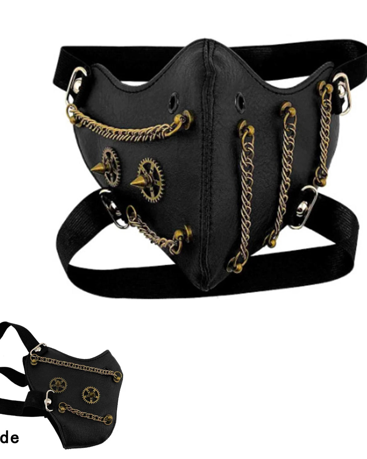 masque facial steampunk en cuir de profil latéral avec détails de chaînes dorées et engrenages