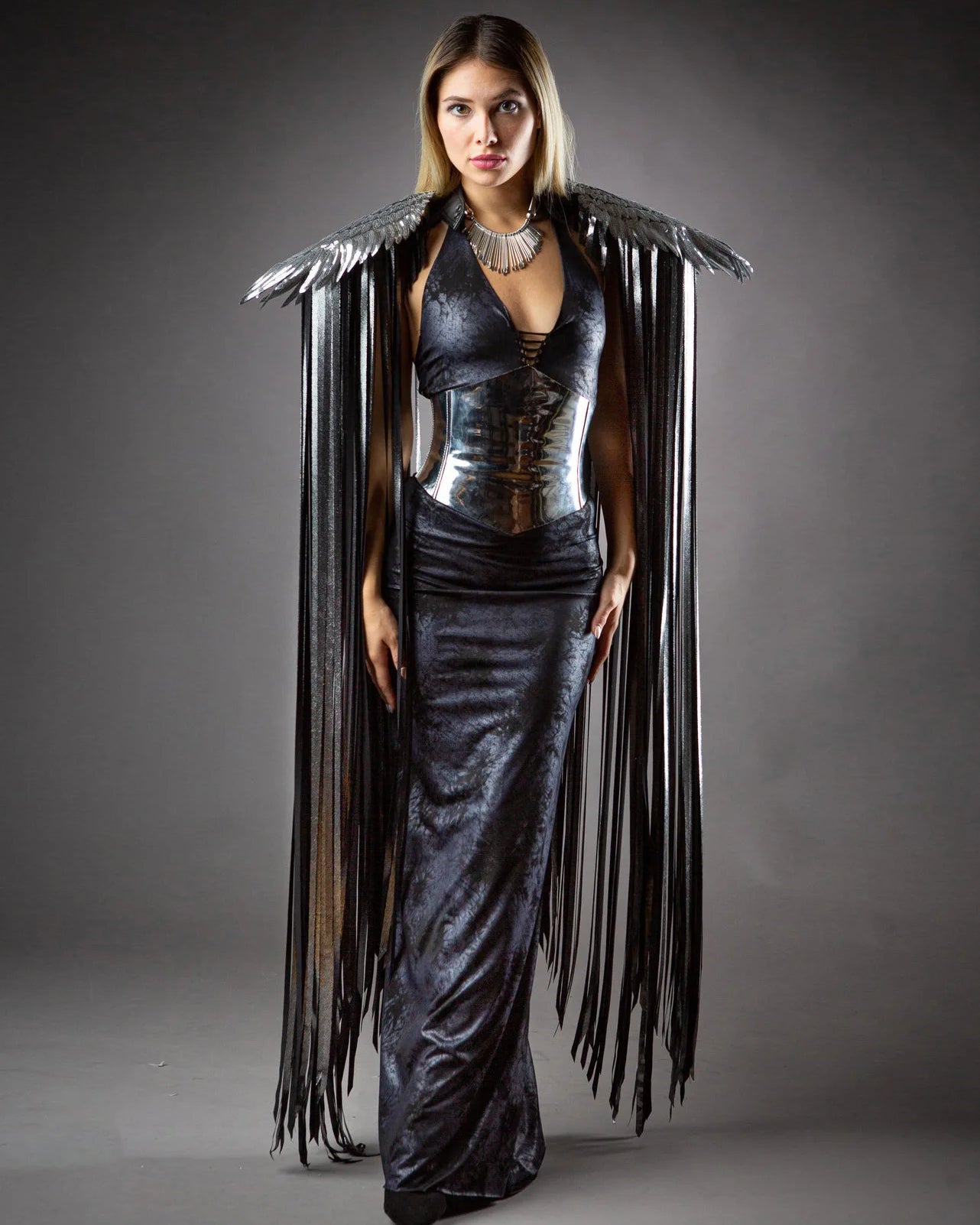 Cosplay Long Tassel Wings worn by model, showcasing shimmering sequins and flowing tassels in dramatic style.