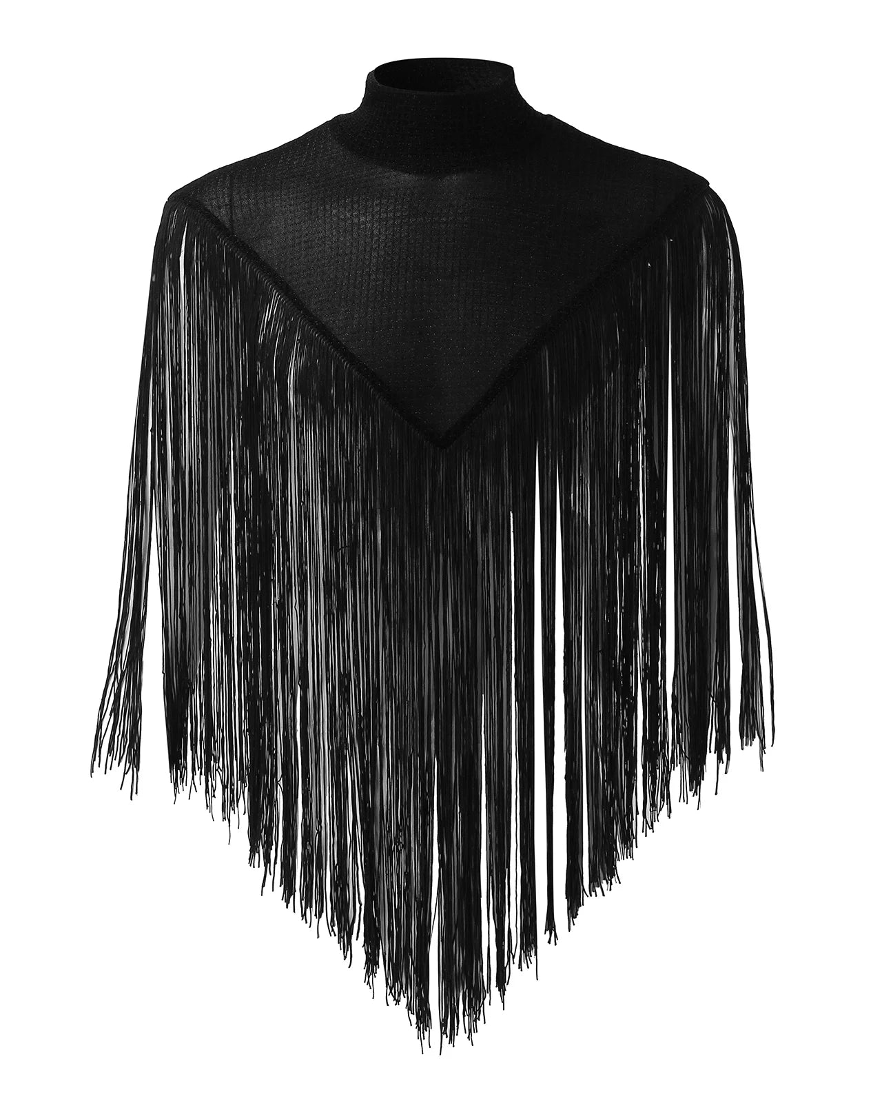 poncho de festival à franges en maille noire en vue complète avec maille texturée et détails de franges fluides