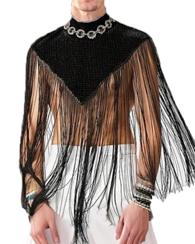 poncho de festival en filet à franges intégrales avec franges noires tombantes et partie supérieure texturée