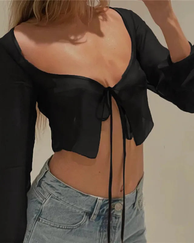 Black Mesh Lace Up Long Sleeve Crop Top