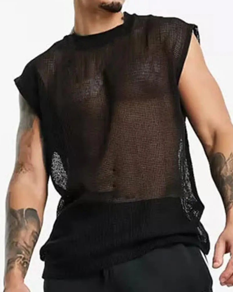 Mesh See-Through Sleeveless Loose T-Shirt in black with sheer fabric, perfect for summer streetwear.