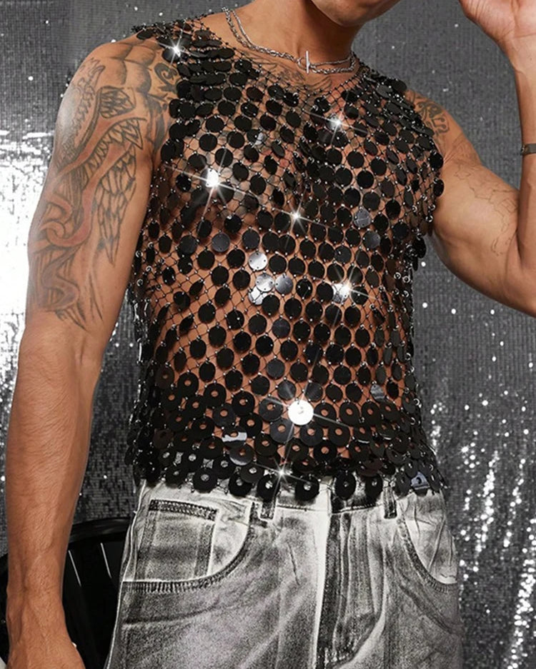 Men's black mirror disc chain vest, handmade with interlocking discs, worn over bare skin.
