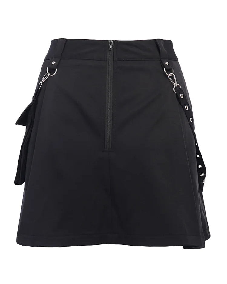 Black Rave Mini Skirt with removable pocket, zipper closure, and stylish side details for techno nights.