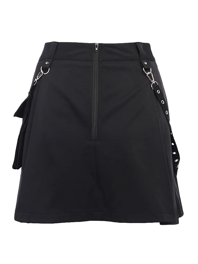 Black Rave Mini Skirt with removable pocket, zipper closure, and stylish side details for techno nights.