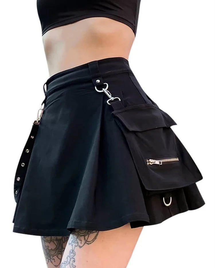 Black Rave Mini Skirt with removable side pocket, perfect for techno nights and dance events.