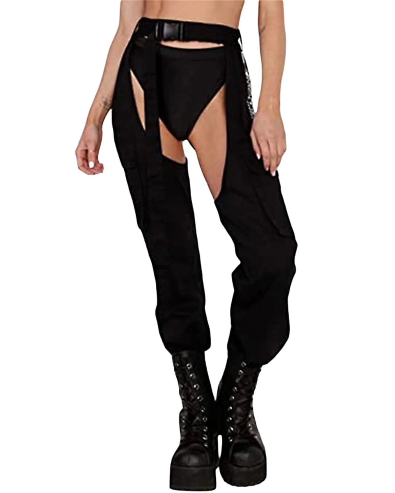 Rave Rebel Pants in black with unique cut, bold design, and trendy details for festival style.