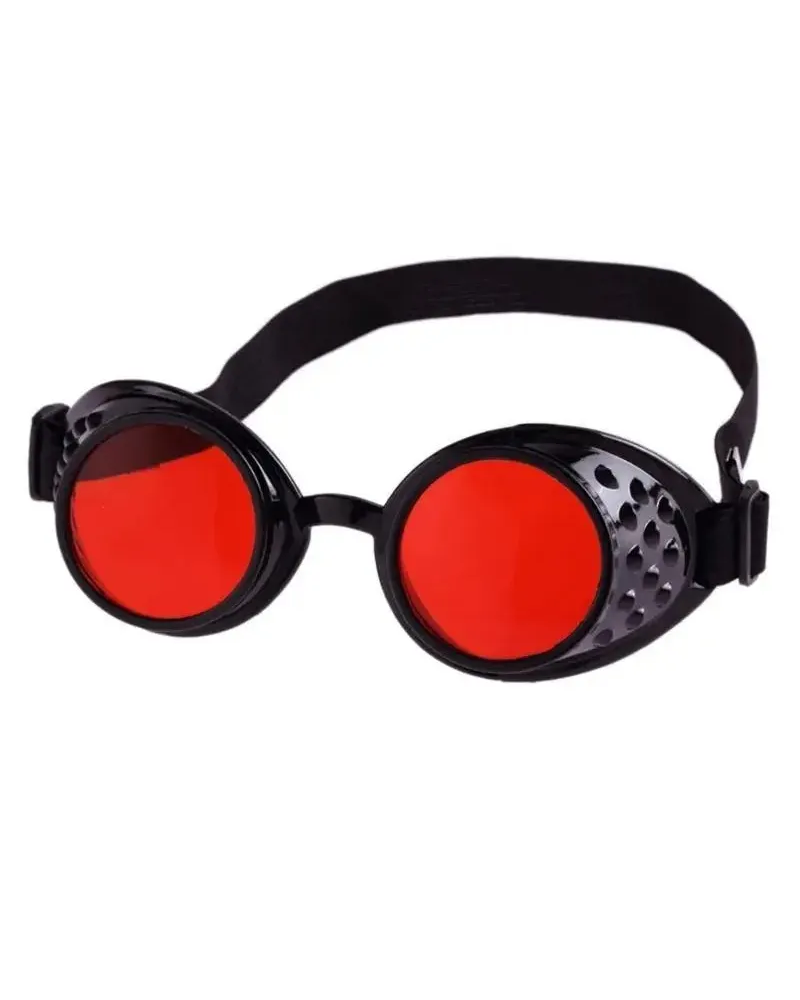 Black vintage steampunk goggles with red lenses, an adjustable strap, and textured metallic accents.