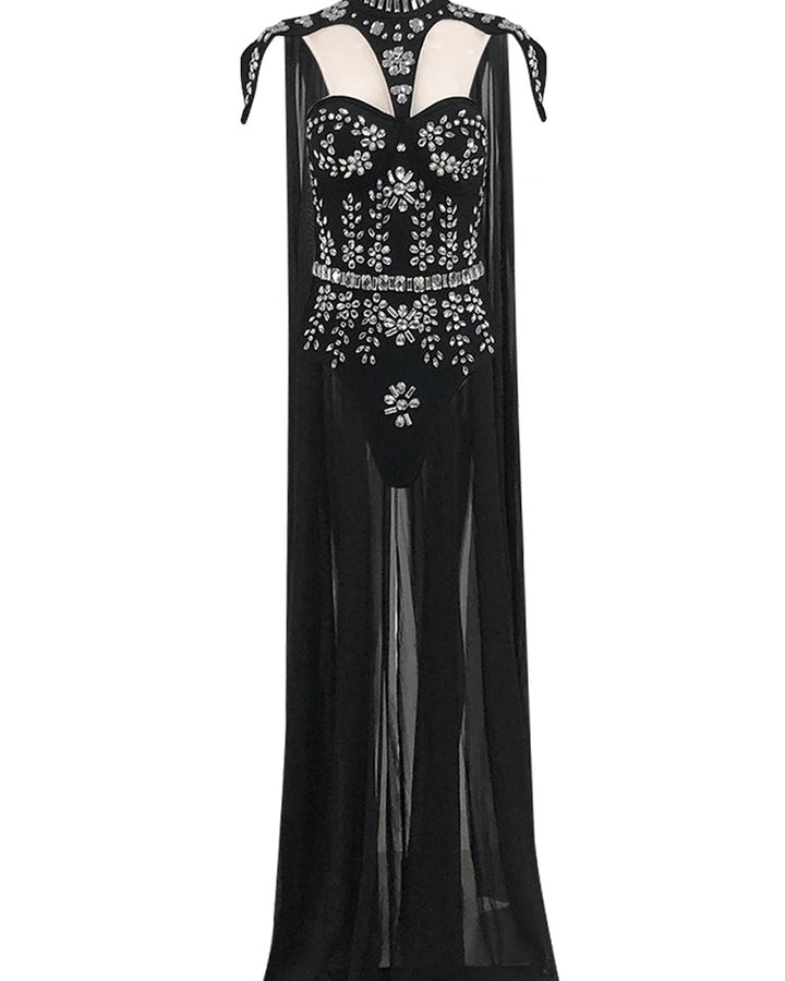 Rhinestones Bodysuit with Cape featuring shimmering rhinestones and a dramatic sheer cape.
