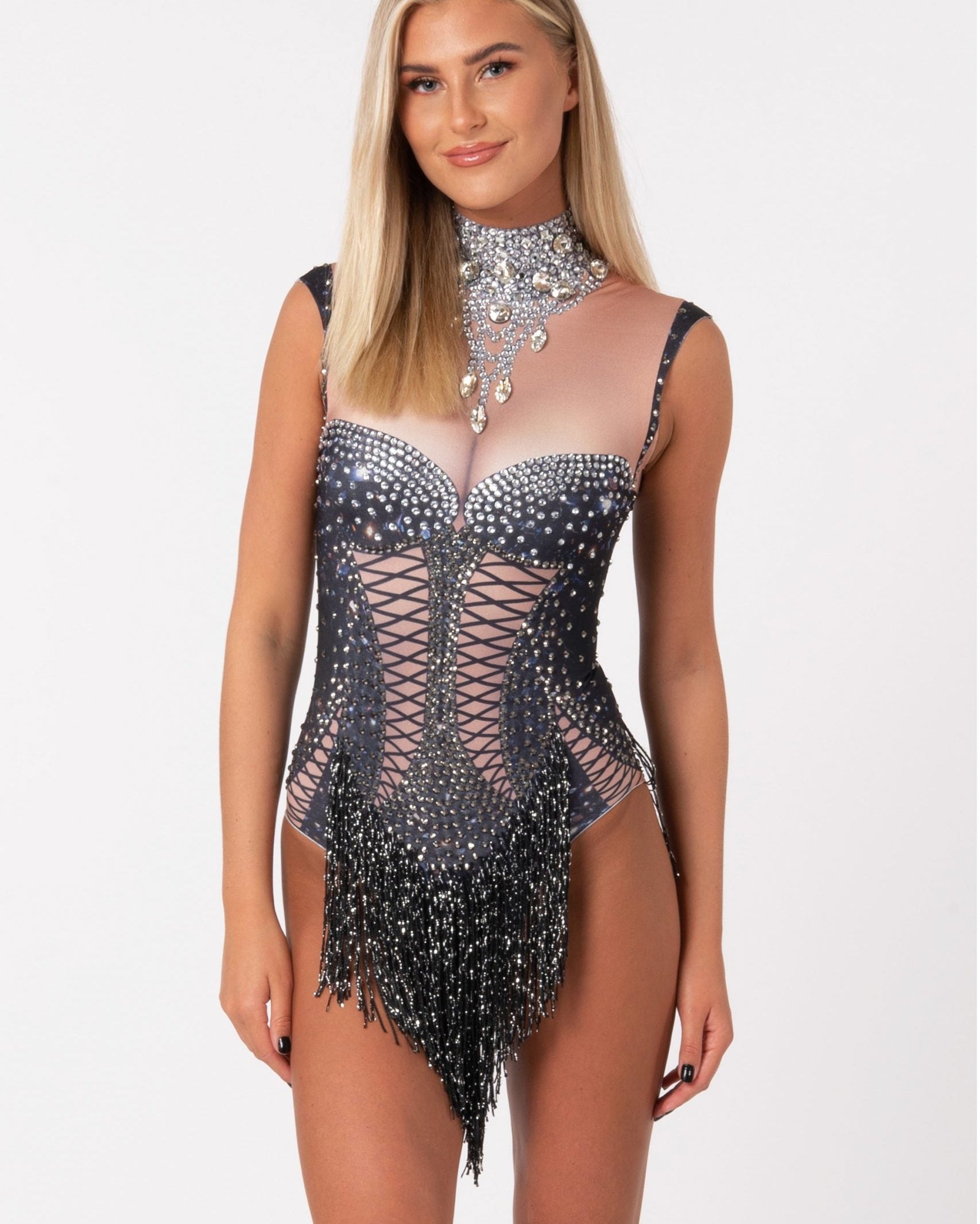 Black Rhinestones Bodysuit with fringes and sequins for a stylish festival look.