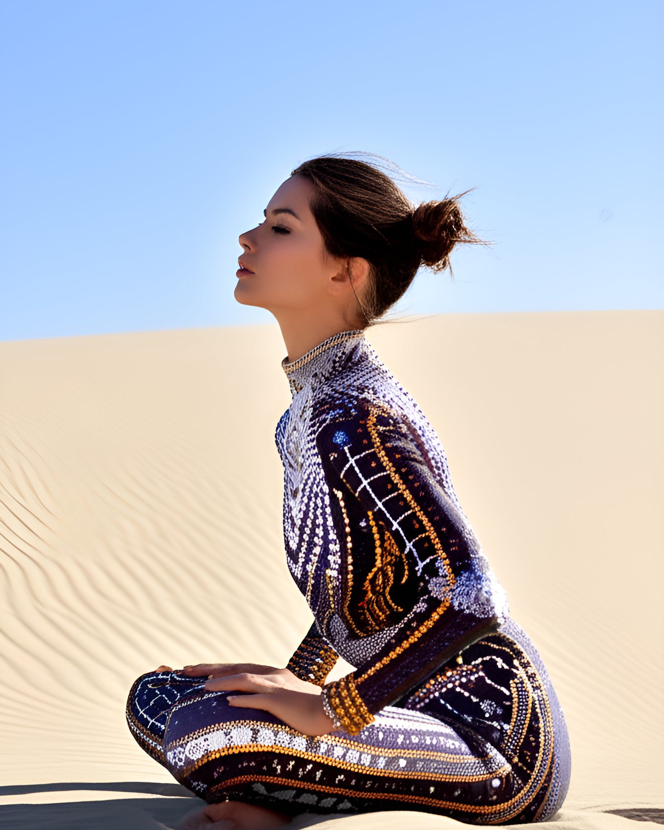 Woman in a Black Rhinestones Jumpsuit sitting in the desert, showcasing a stylish and bold look.