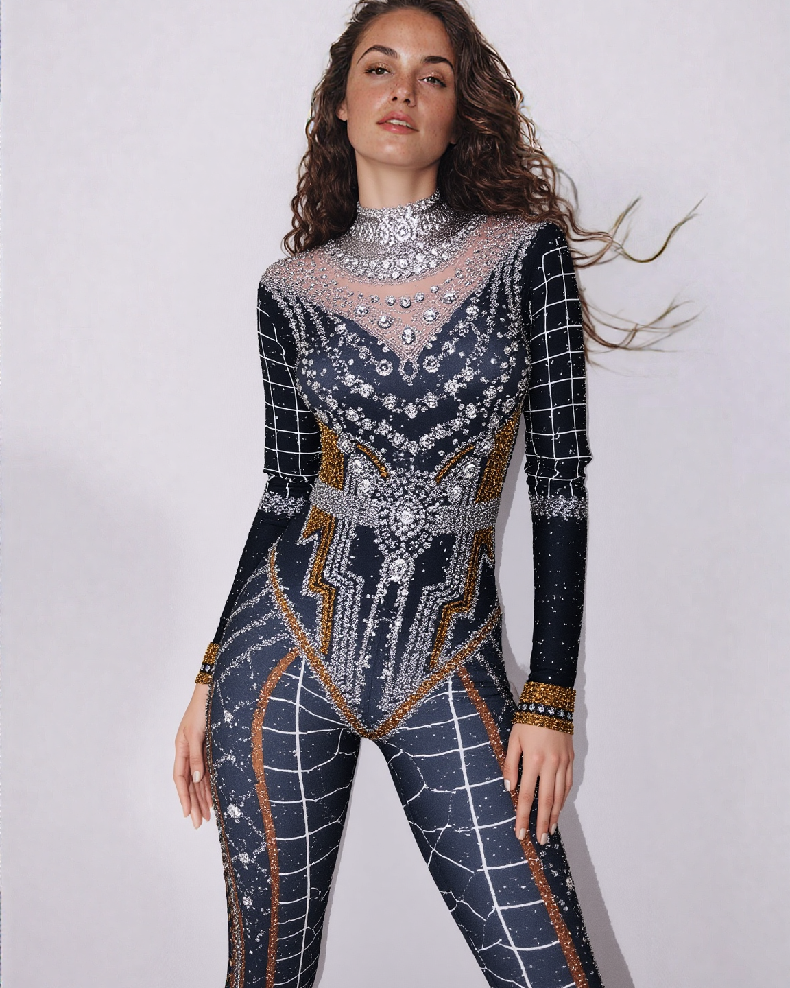 Black Rhinestones Jumpsuit featuring elegant rhinestone and sequin embellishments.