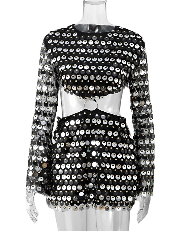 Black Sequins Hollow Out Mini Dress