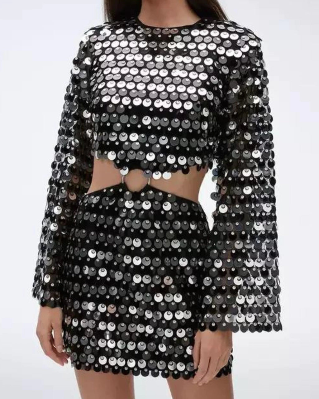 Black Sequin Hollow-Out Mini Party Dress with dazzling sequins and cut-out details for a striking look.