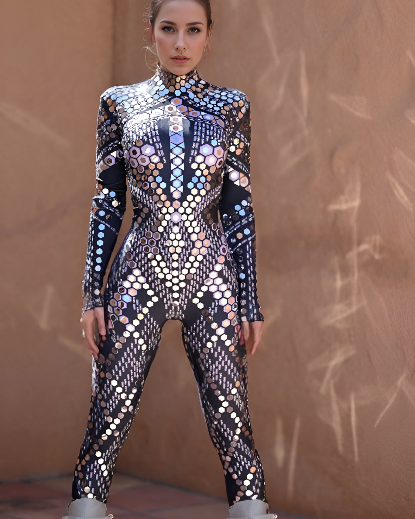 Black Sequin Jumpsuit with Rhinestones featuring colorful sequins and rhinestone accents for a stunning look.