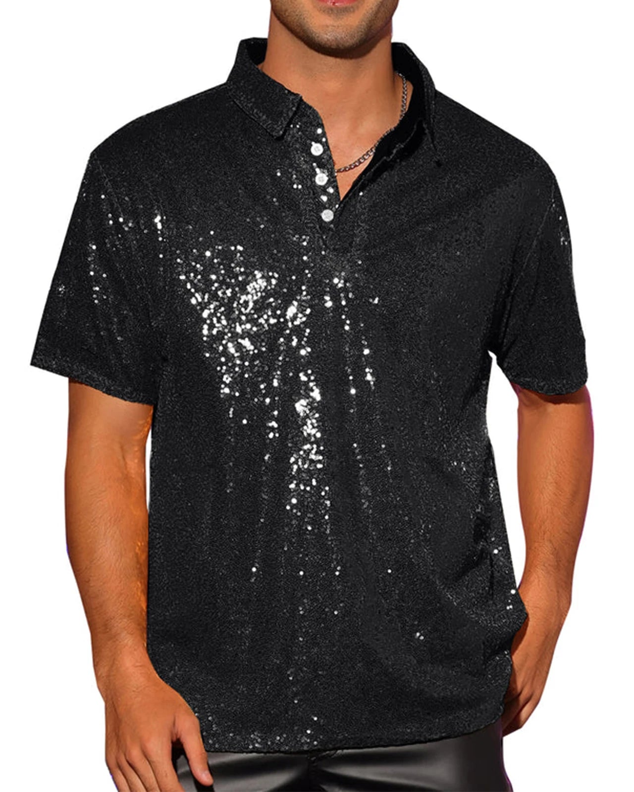 Men's black sequin short-sleeve shirt with a quarter-button placket and relaxed fit.