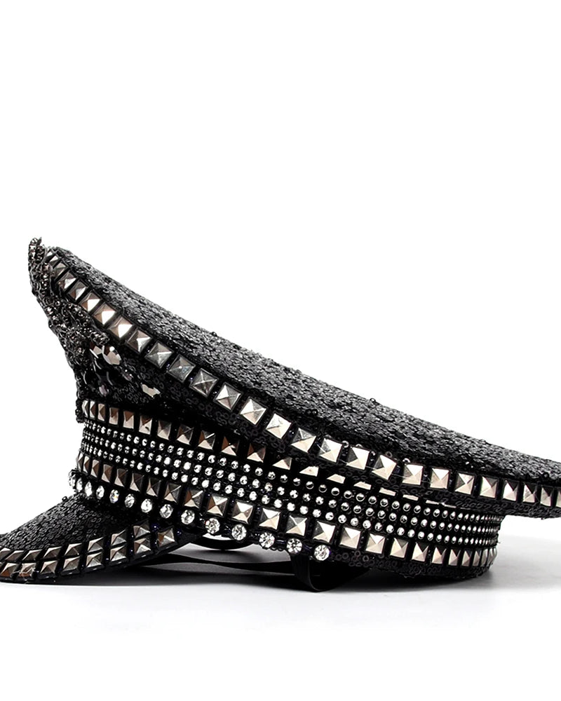 Black Sequins Rhinestones Military Hat with shimmering sequins and sparkling rhinestones embellishments.
