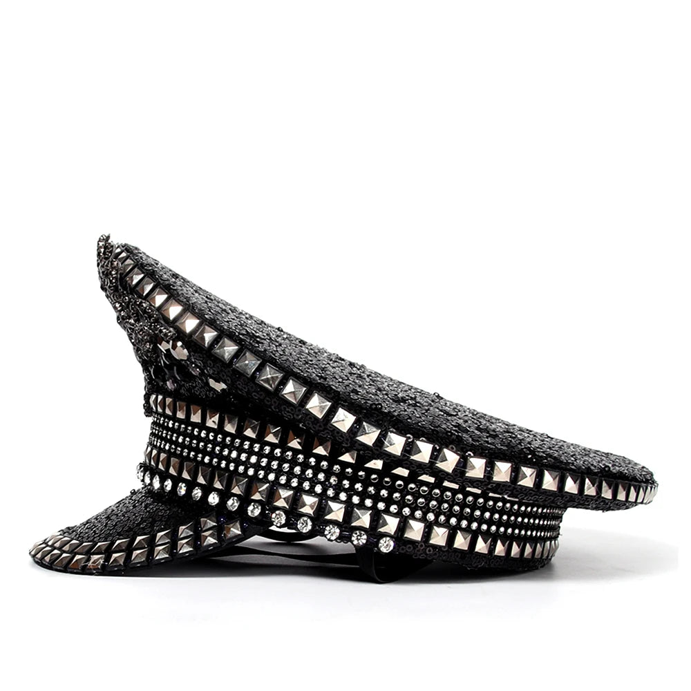 Black Sequins Rhinestones Military Hat with shimmering sequins and sparkling rhinestones embellishments.