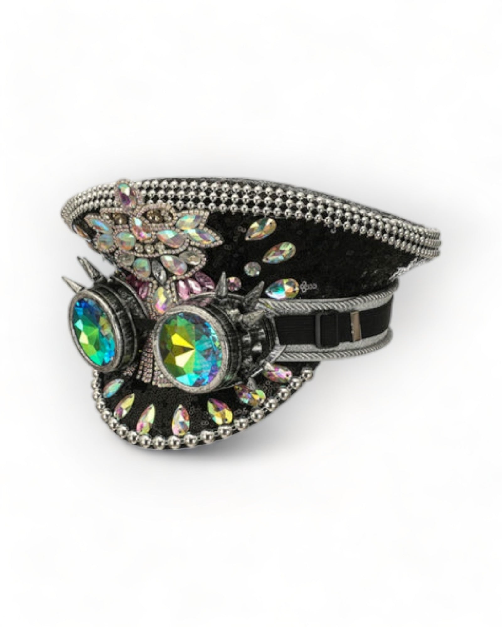 Black Stones Military Hat with Rhinestones and Kaledoiscope Sunglasses