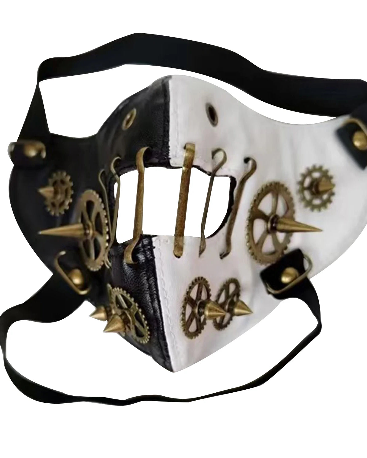 masque facial en cuir steampunk en gros plan avec des couleurs noir et blanc et des détails complexes d'engrenages