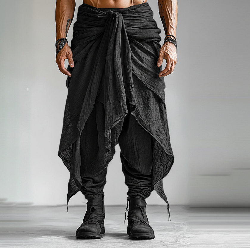 Pantalones holgados para Hombre en negro con un diseño único de drapeado para estilo festival.