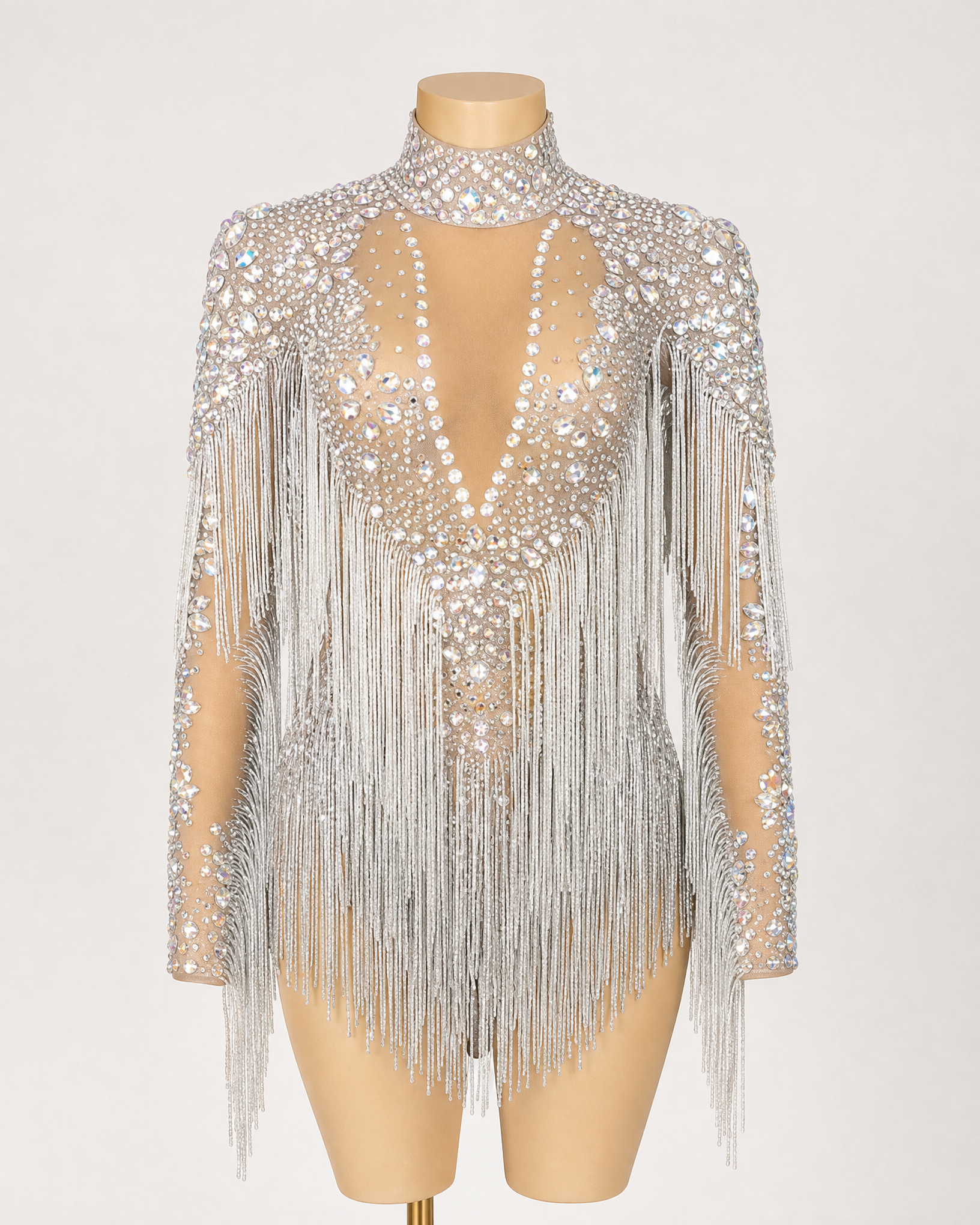 Blake Silver Rhinestone Fringe Bodysuit with hand-glued rhinestones, sequins, and swishing fringe on a stretch spandex base.