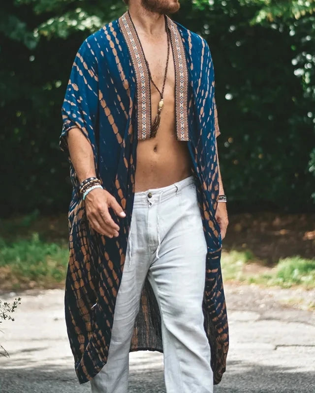 Kimono unisexe Thor bleu en rayonne douce avec imprimé tribal géométrique et bords à franges.