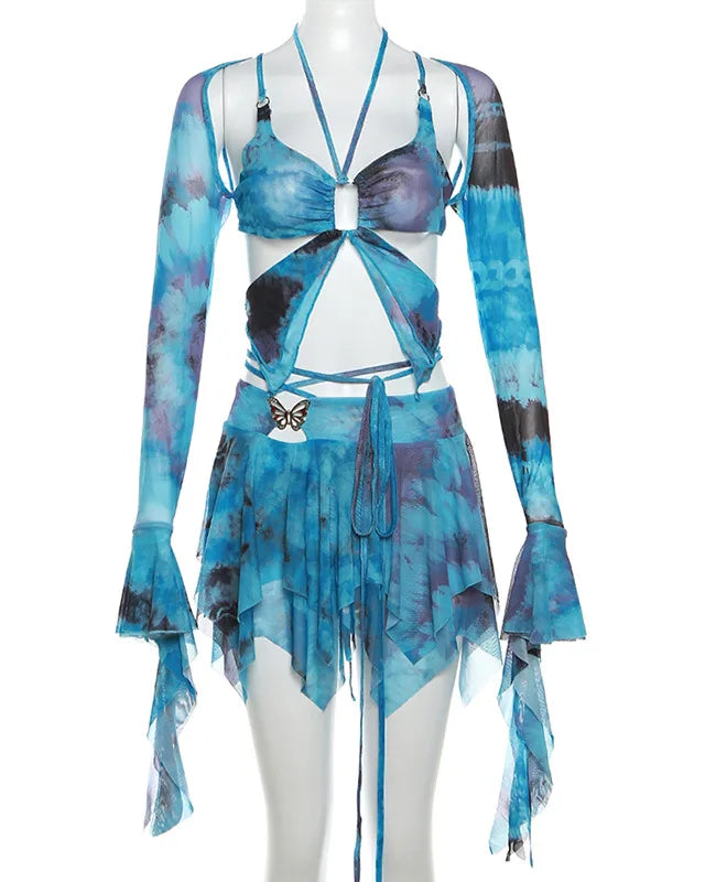 Blue Butterfly Print Mesh Sleeve Top and Skirt Set