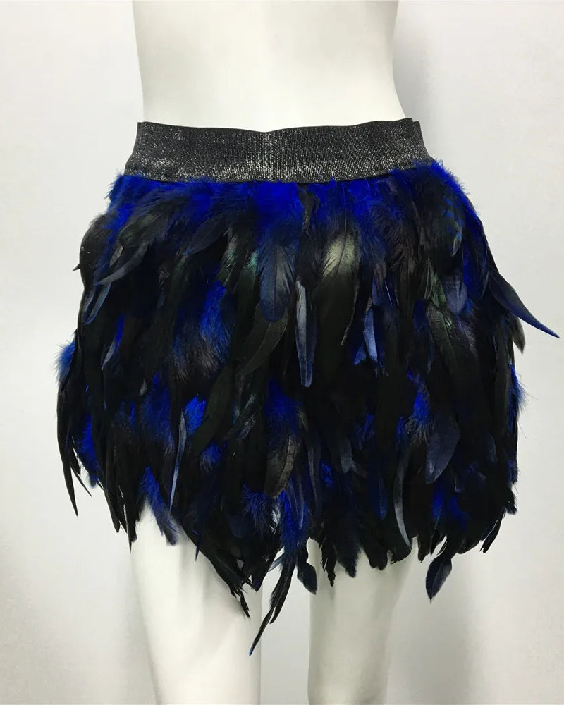 Blue Feather Elastic Waist Skirt