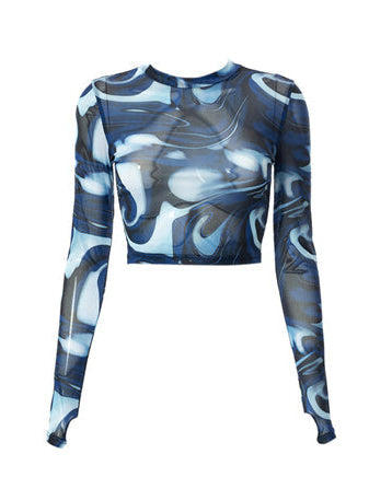 See Through Mesh Crop Top in blue swirl print, featuring long sleeves and semi-sheer material for edgy style.
