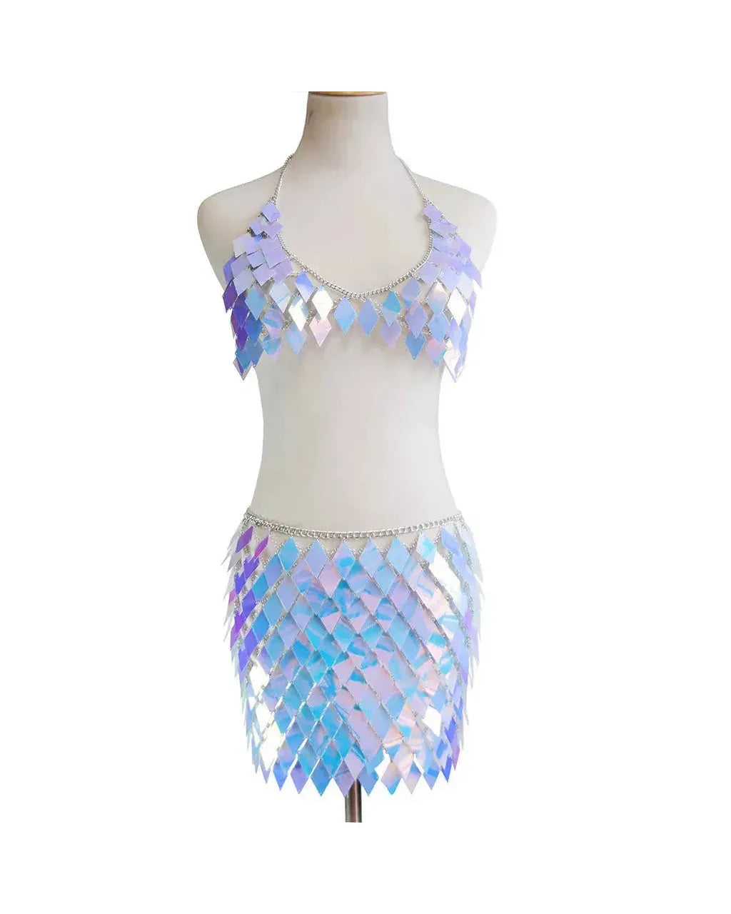 Rhombic Metal Backless Skirt and Top Set featuring shimmering sequins and a stylish design.