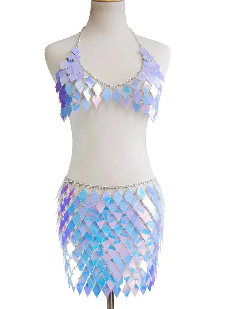 Blue Rhombic Metal Backless Skirt and Top Set