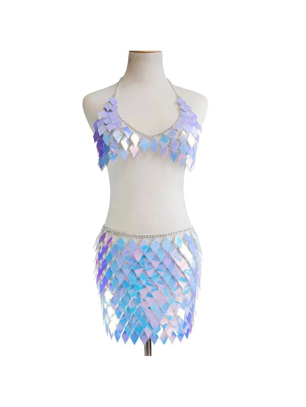 Rhombic Metal Backless Skirt and Top Set featuring shimmering sequins and a stylish design.