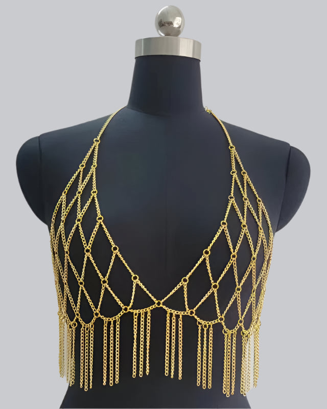 Body Chain Tank Top featuring shimmering gold metal links and a stylish, bold design.