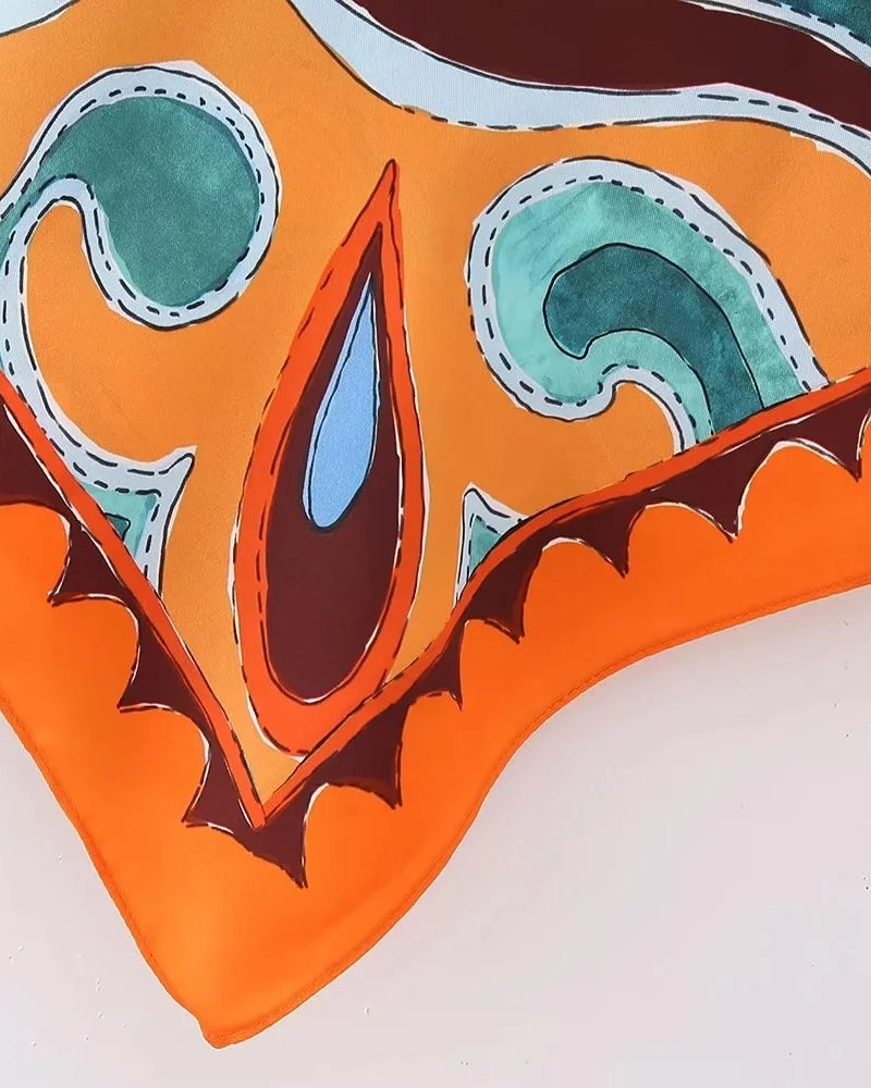 orange blue green Boho Style Set print dress Strapless Lace-up Top High Waist Straight Long Pants Fashion Festival Outfits Concert Rave Party