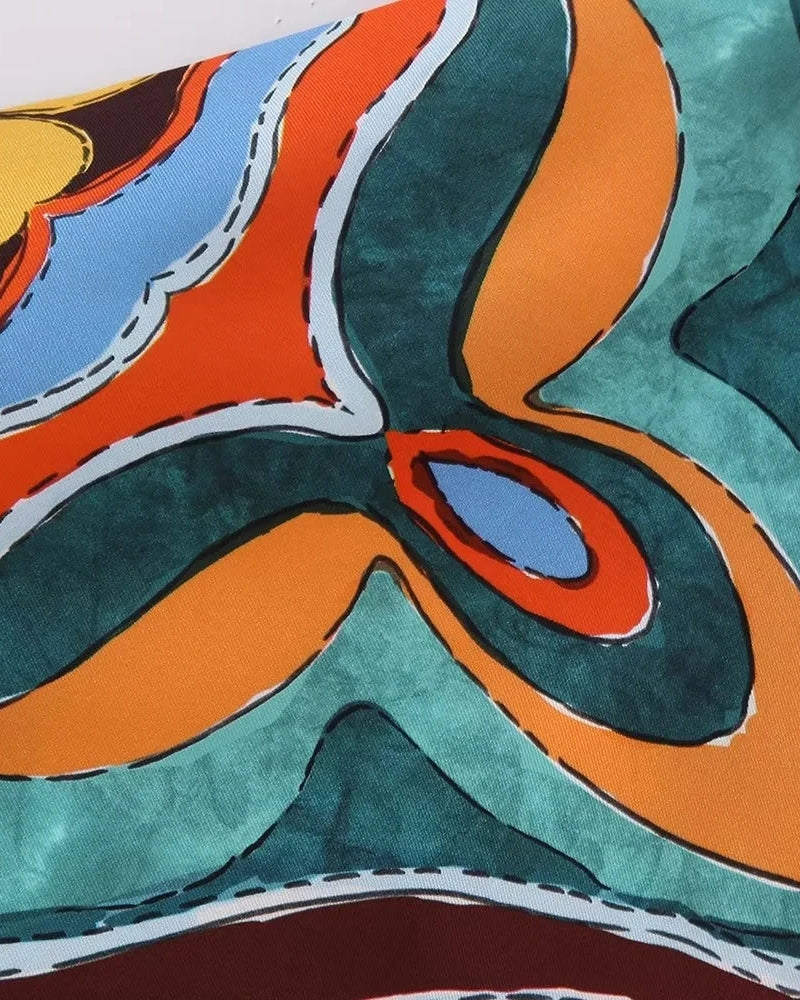 orange blue green Boho Style Set print dress Strapless Lace-up Top High Waist Straight Long Pants Fashion Festival Outfits Concert Rave Party