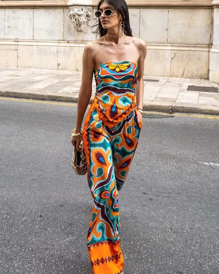 orange blue green Boho Style Set print dress Strapless Lace-up Top High Waist Straight Long Pants Fashion Festival Outfits Concert Rave Party