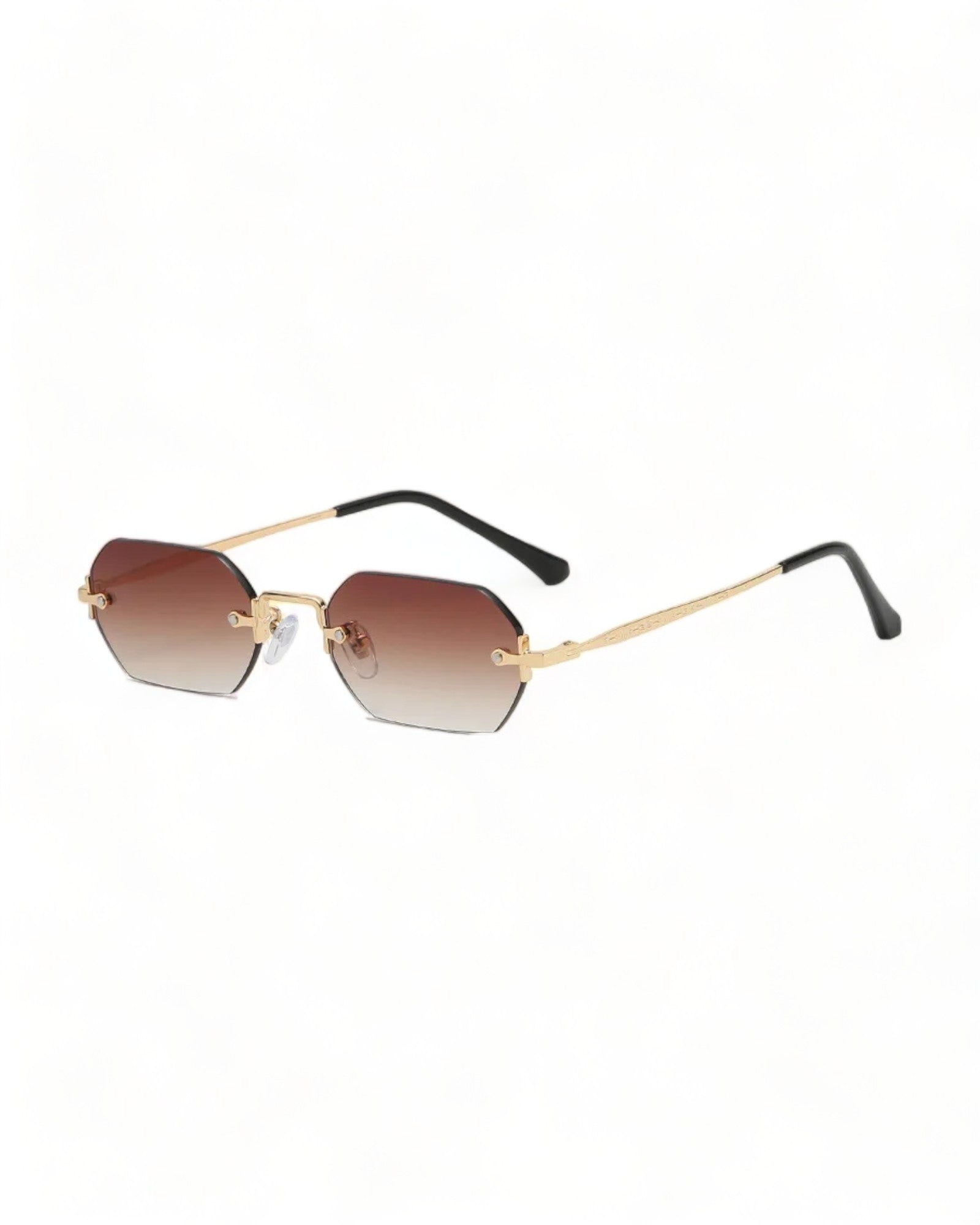 brown lens gold frame Rimless Hexagonal Sunglasses