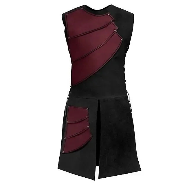 Bordeauxrote und schwarze ärmellose Steampunk-Rüstungsweste mit diagonalen PU-Lederpaneelen und Metallnieten-Akzenten.