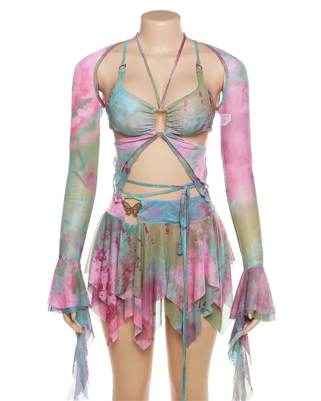 Butterfly Print Mesh Sleeve Top and Skirt Set