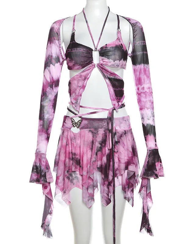 Butterfly Print Mesh Sleeve Top and Skirt Set with sheer long sleeves and butterfly design in pink hues.
