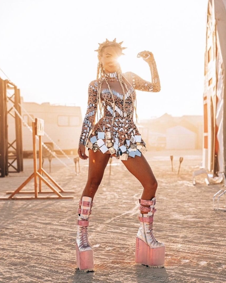 Model wearing Beige Long Sleeve Sequin Rhinestone Mini Dress