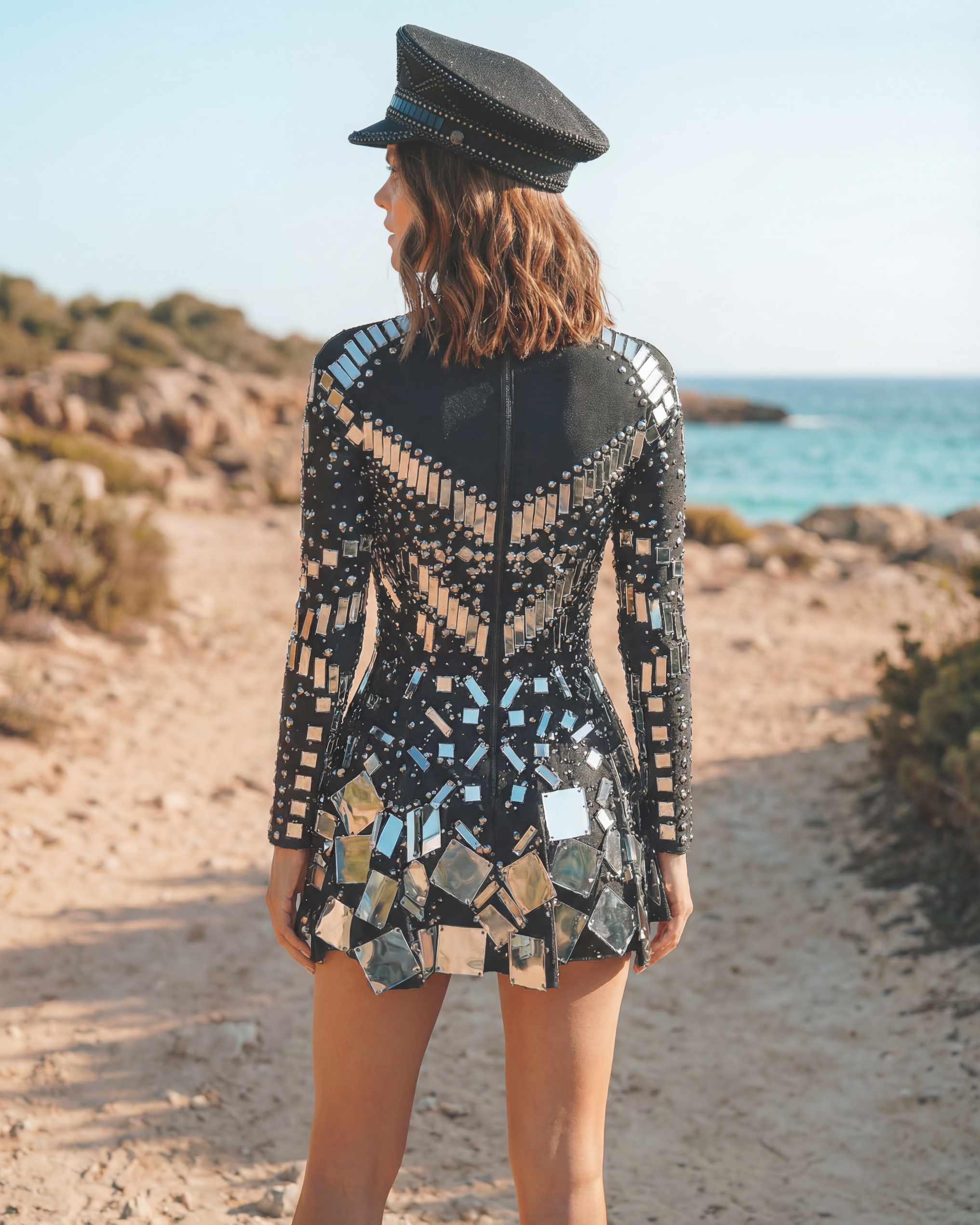 Rear view of a woman in a black sequin and rhinestone mini dress with a matching captain's hat.