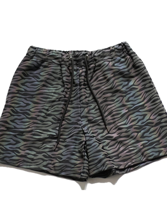 Colorful Reflective Tank Top and Shorts Set featuring stylish camo print shorts for festivals.