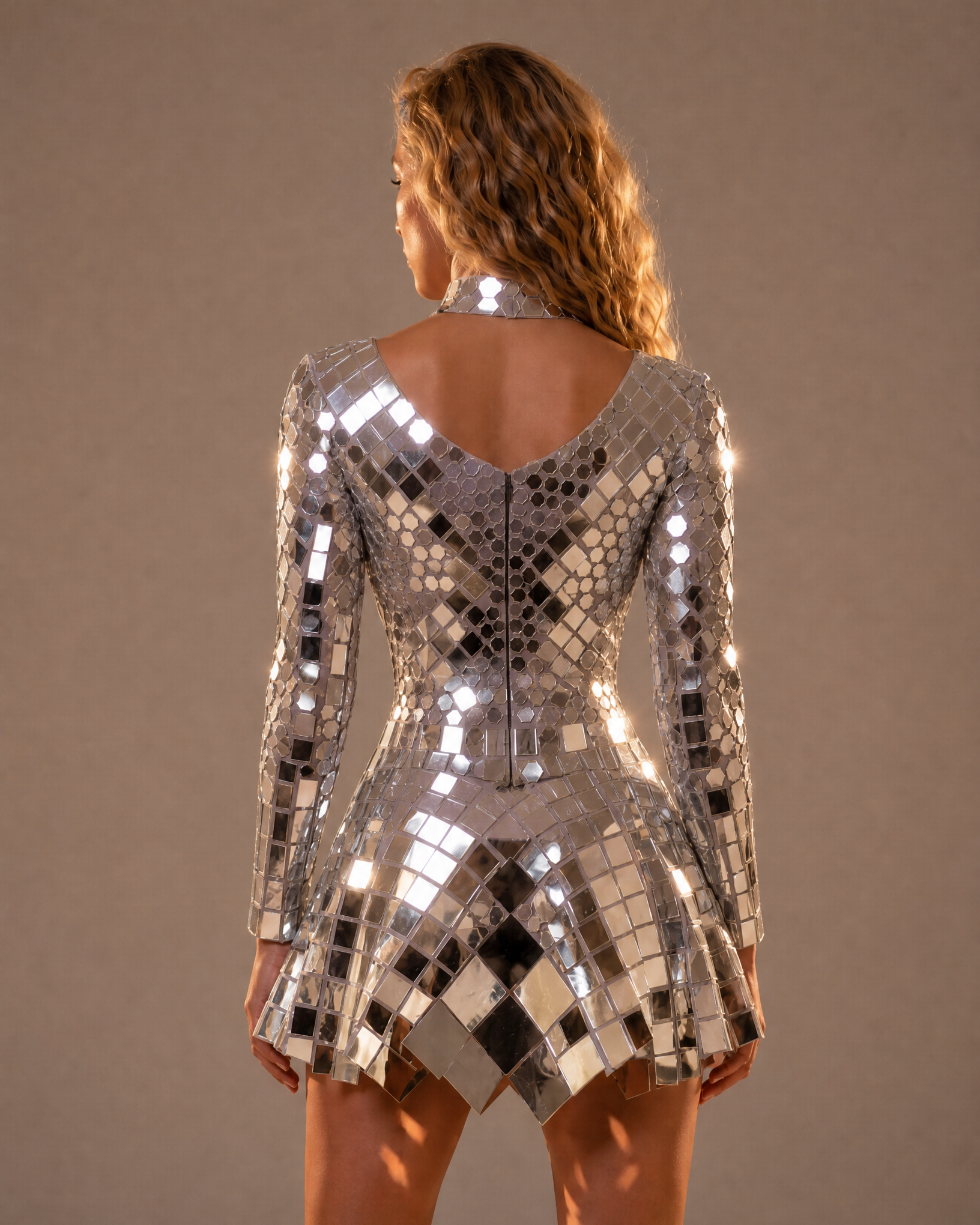 Vista posteriore di una modella che indossa un abito corto argentato con paillettes effetto specchio, maniche lunghe e colletto a collo alto.
