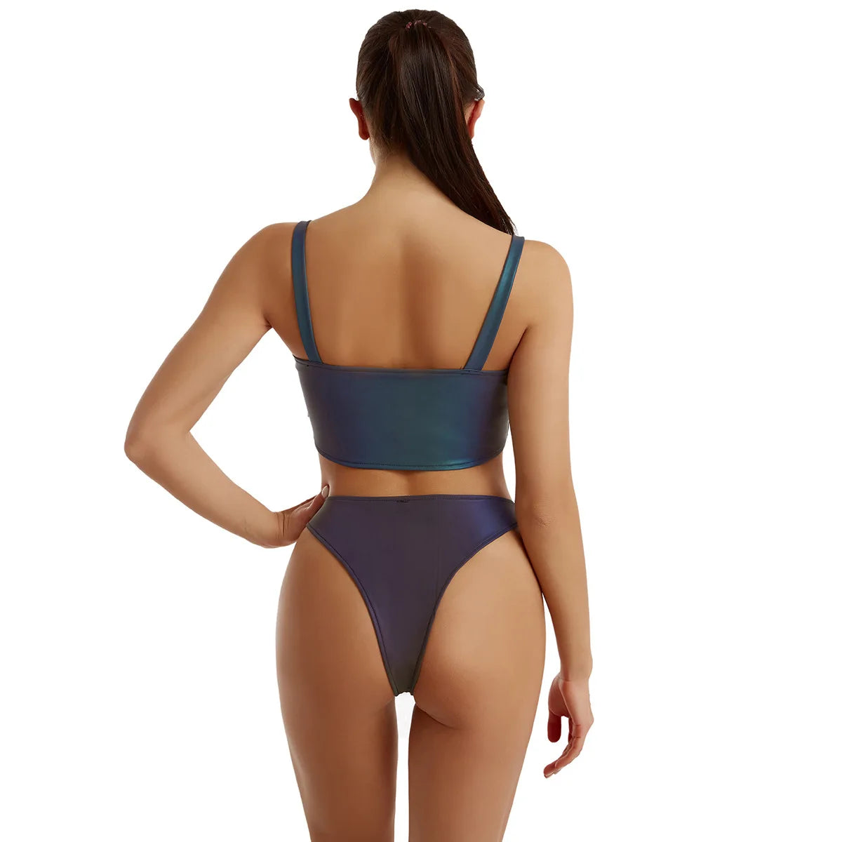 Back view of a Colorful Reflective Two Piece Bikini for Festivals and Raves, showing shiny material and adjustable straps.