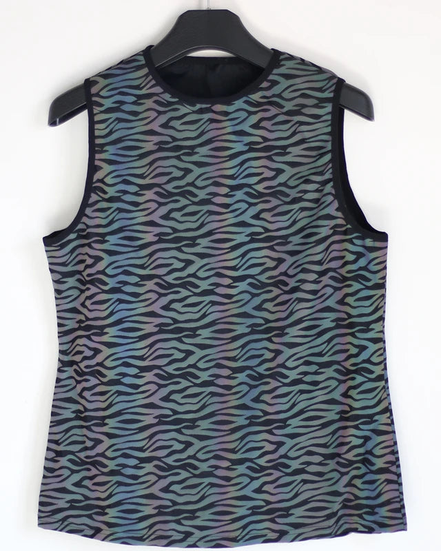 Colorful Reflective Tank Top and Shorts Set featuring a vivid abstract pattern in blue and green tones.