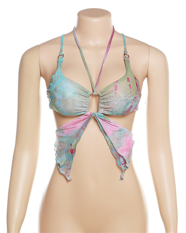 Butterfly Print Mesh Sleeve Top and Skirt Set, featuring colorful sheer fabric and unique design.