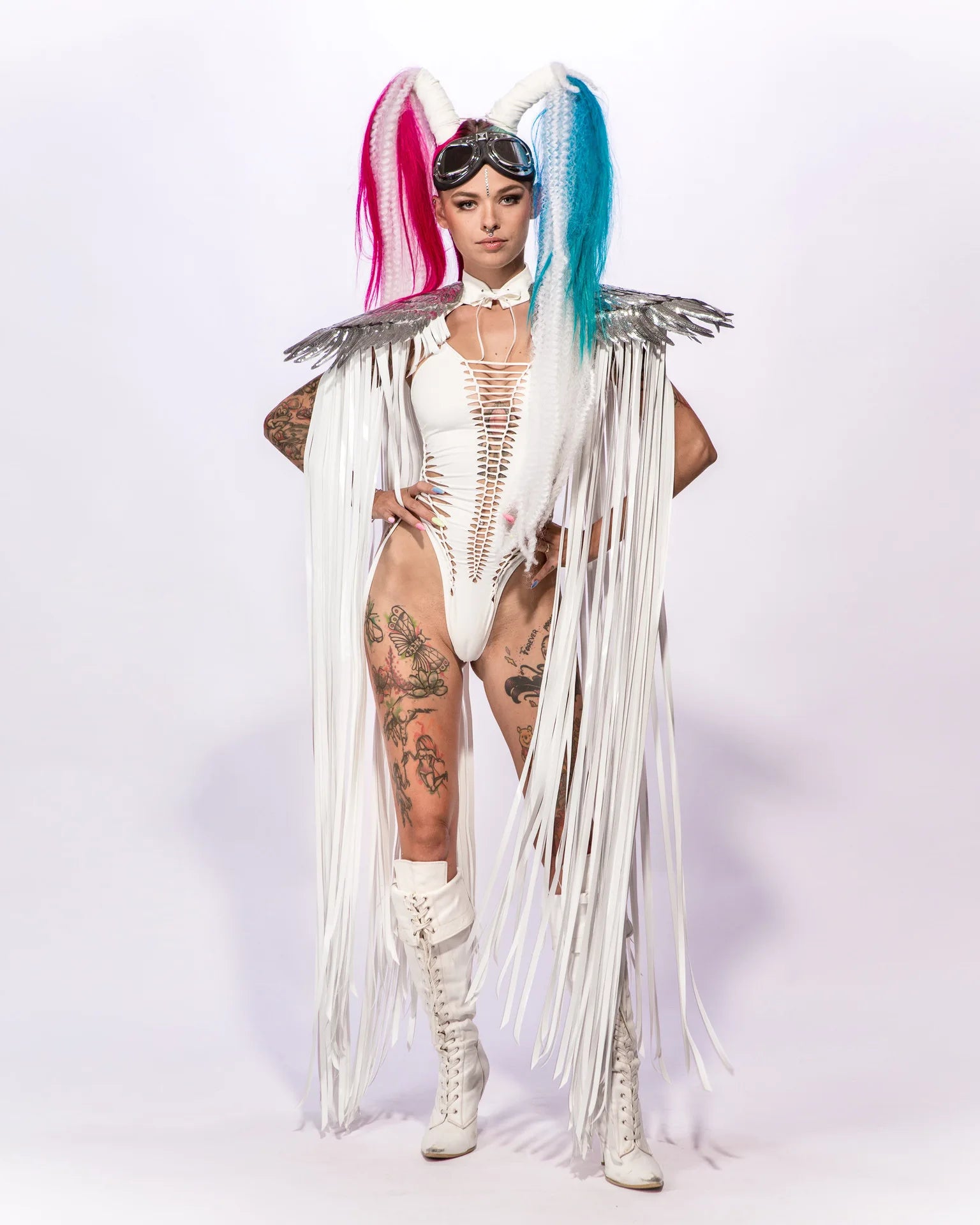 Cosplay Long Tassel Wings on model, featuring colorful hair, sequins, and flowing tassels for festivals.