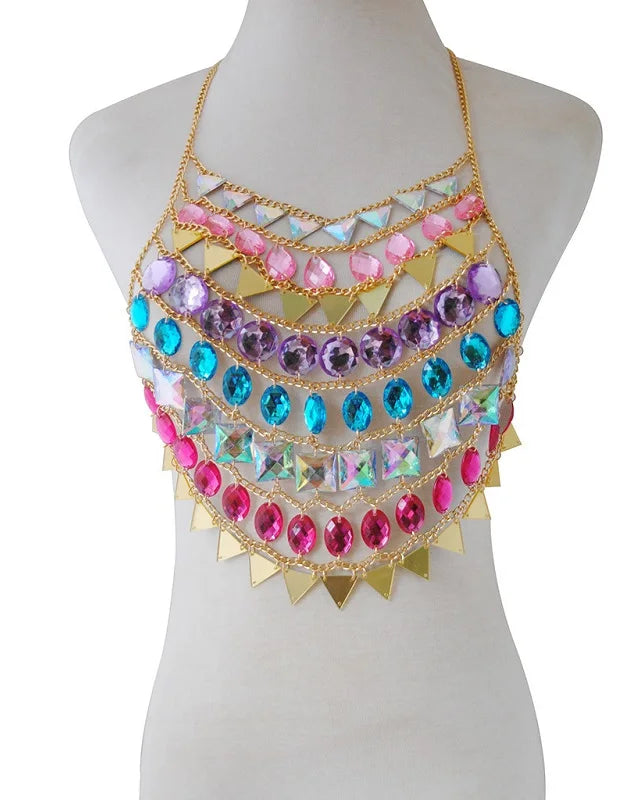 gold Women Boho style Shiny Acrylic Crystal Festival outfit Tank Top Halter Patchwork Gem Sequins Cami Crop Top